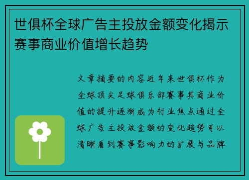 世俱杯全球广告主投放金额变化揭示赛事商业价值增长趋势