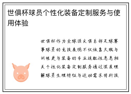 世俱杯球员个性化装备定制服务与使用体验